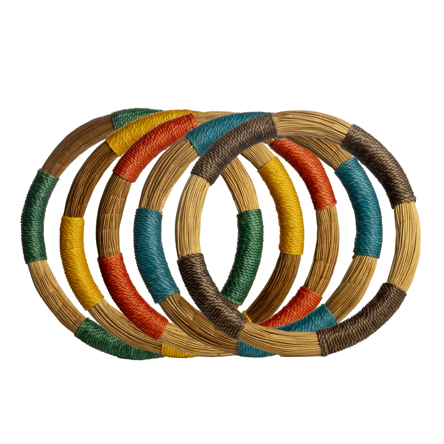 A selection of slim bracelets with colourful and golden-toned sections.