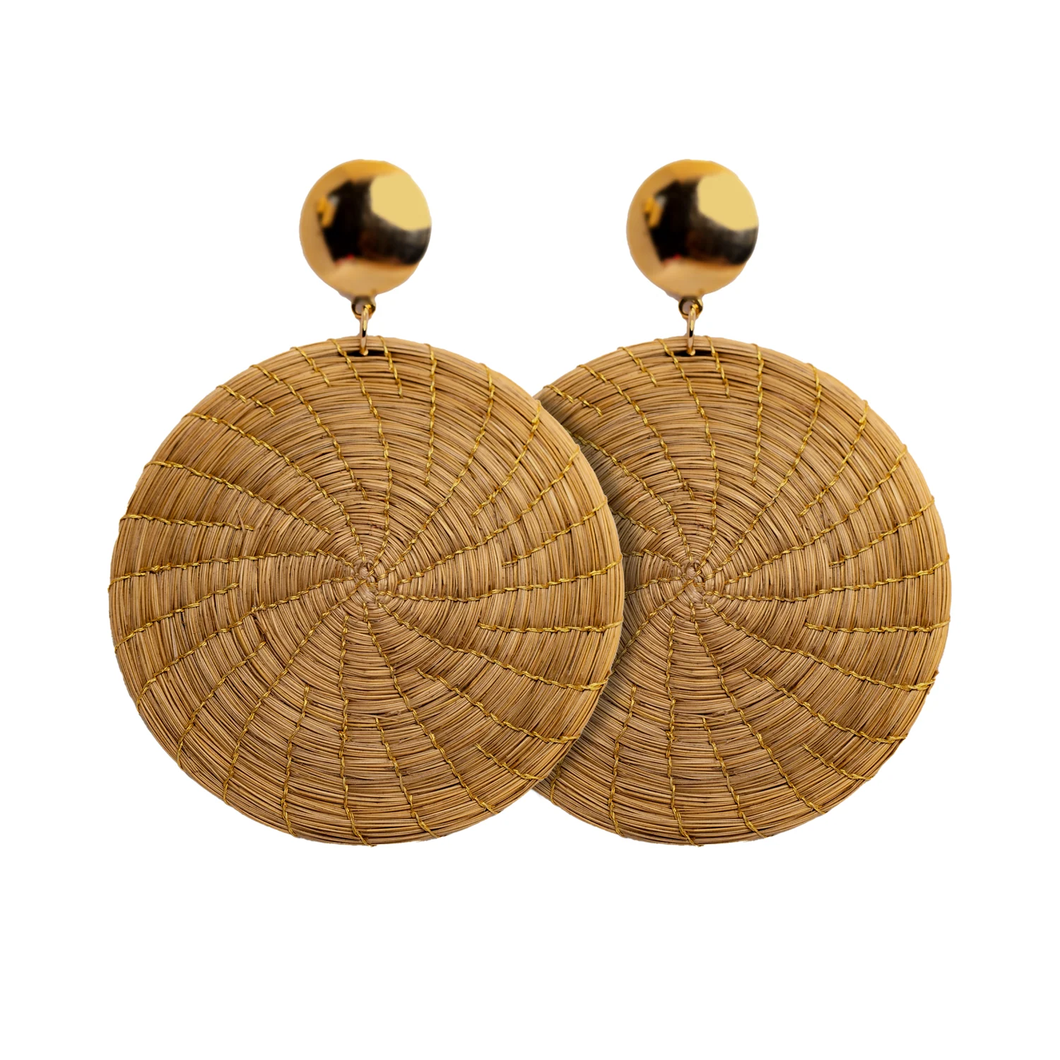 Round woven earrings on a white background.